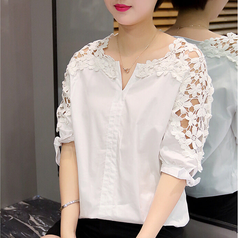 Women's Summer Off The Shoulder Shirt Plus Size Women Loose Korean Hollow Out Cutout Top Shirt Lace Bottoming Shirt