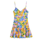 Summer Small Fresh V-Neck Yellow Printings Pleated Dress for
