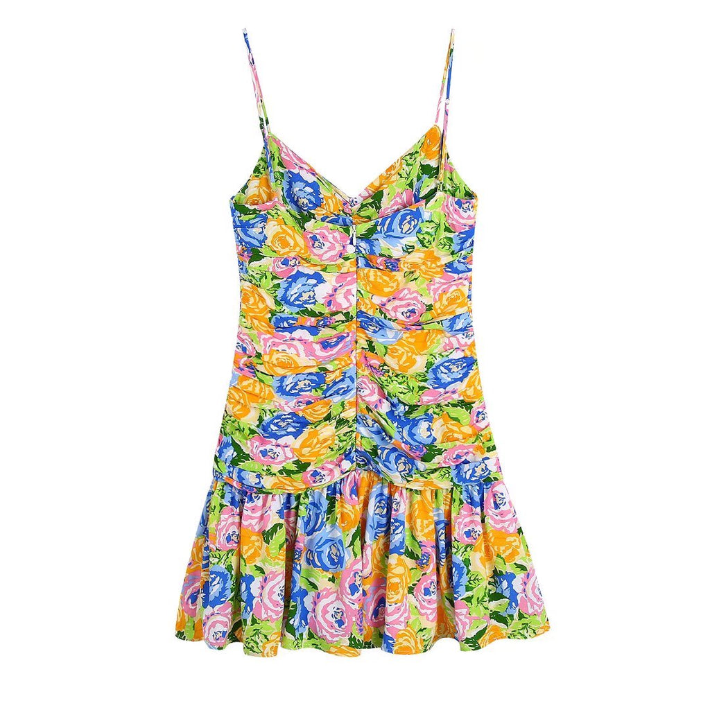 Summer Small Fresh V-Neck Yellow Printings Pleated Dress for