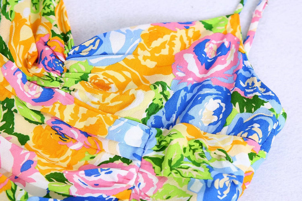 Summer Small Fresh V-Neck Yellow Printings Pleated Dress for