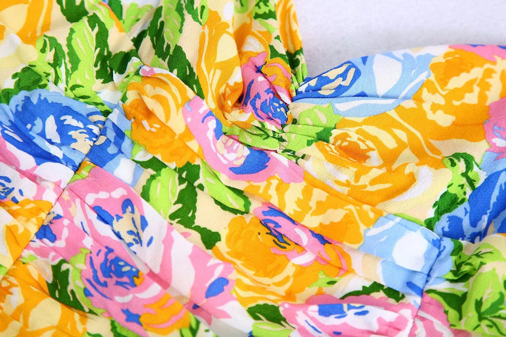 Summer Small Fresh V-Neck Yellow Printings Pleated Dress for