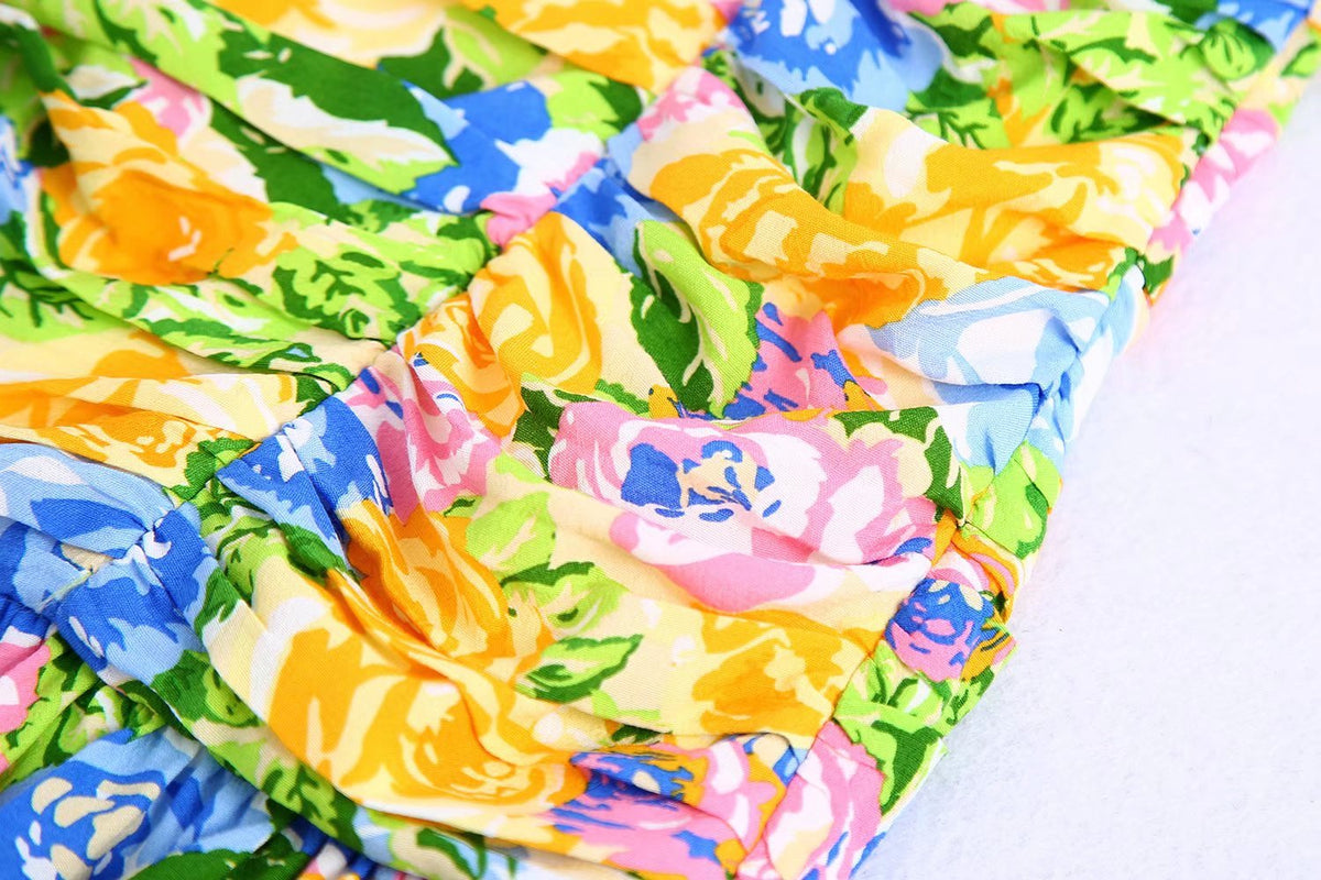 Summer Small Fresh V-Neck Yellow Printings Pleated Dress for