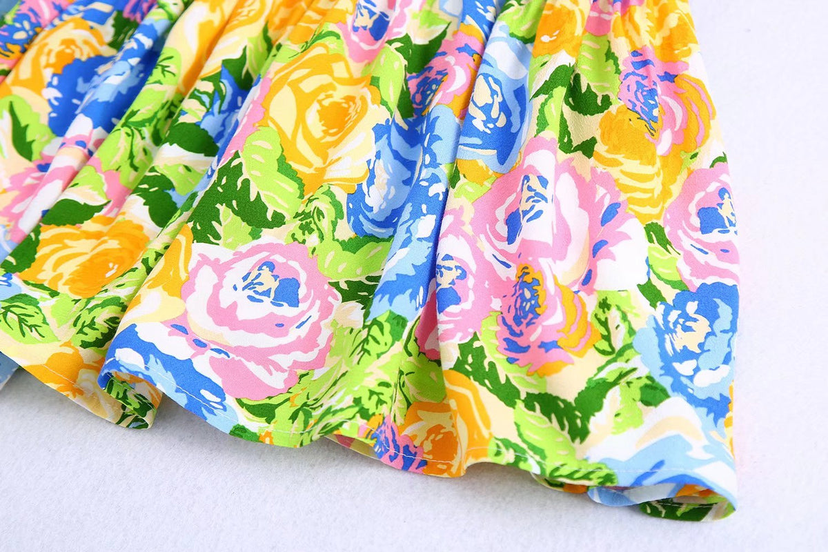 Summer Small Fresh V-Neck Yellow Printings Pleated Dress for