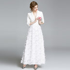 New Vintage Tassel Patchwork Long Large Swing Suit Collar Temperament White Dress