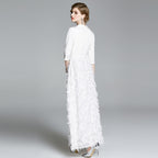 New Vintage Tassel Patchwork Long Large Swing Suit Collar Temperament White Dress
