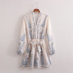 Printed V-Neck Belted Long-Sleeve Dress
