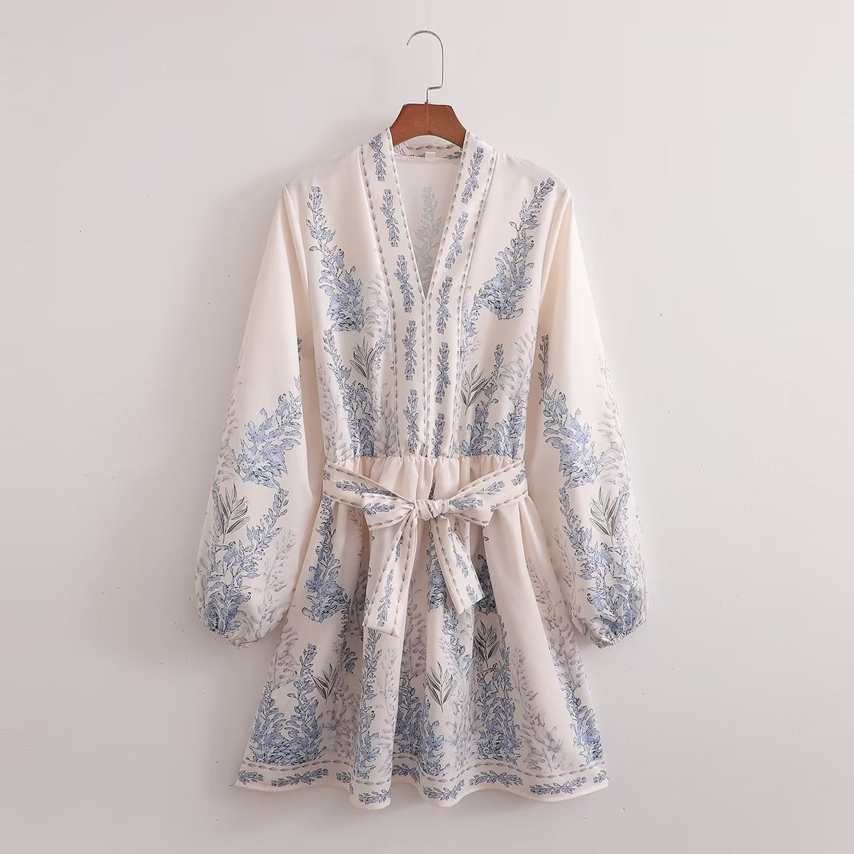Printed V-Neck Belted Long-Sleeve Dress