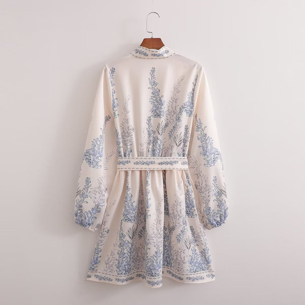 Printed V-Neck Belted Long-Sleeve Dress