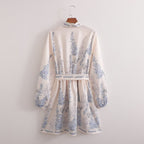Printed V-Neck Belted Long-Sleeve Dress