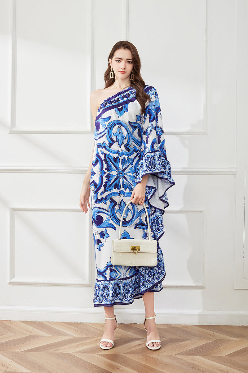 Floral One-Shoulder Ruffle Midi Dress
