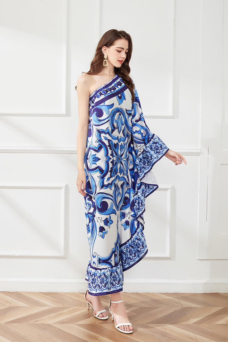 Floral One-Shoulder Ruffle Midi Dress