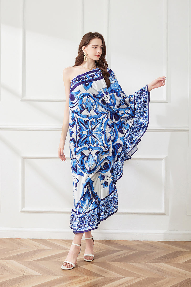 Floral One-Shoulder Ruffle Midi Dress
