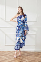 Floral One-Shoulder Ruffle Midi Dress