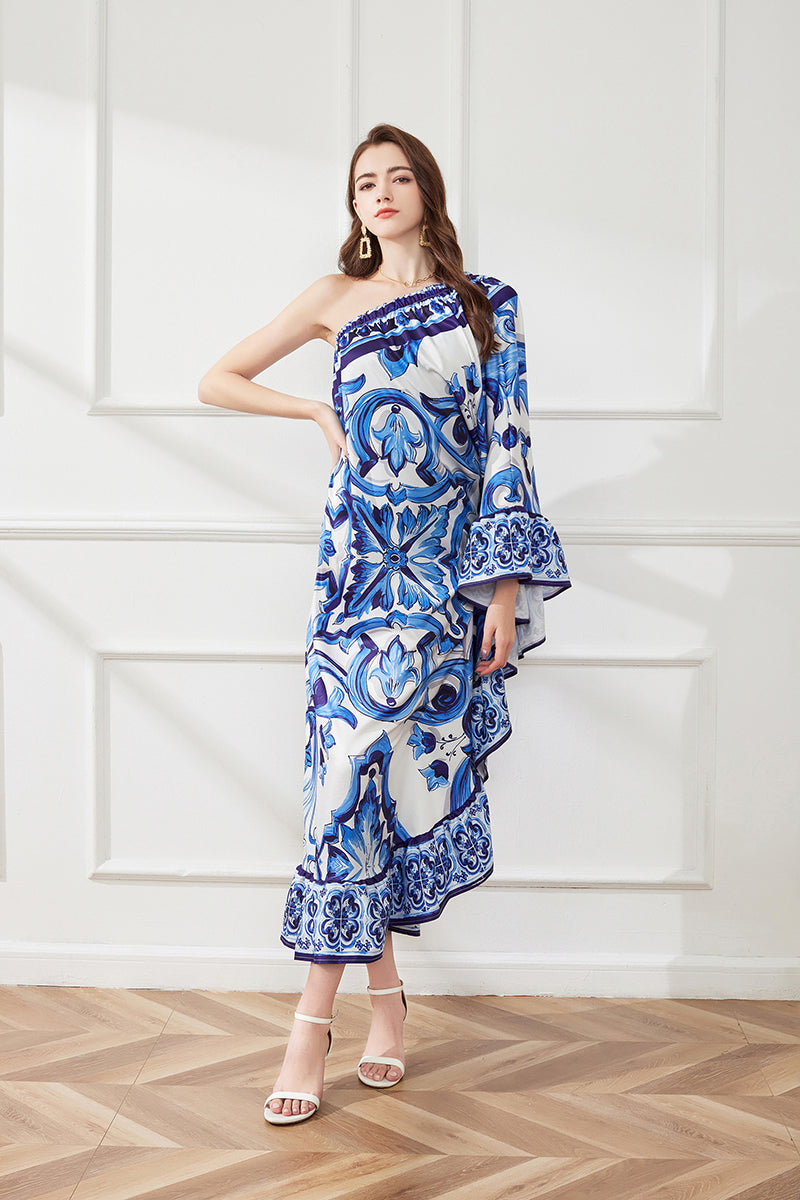 Floral One-Shoulder Ruffle Midi Dress