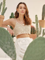 Women Summer Vacation Sleeveless Floral Crochet Solid Crop Top Crochet hook