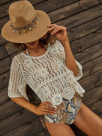 Women Summer Vacation Short Sleeve Solid Regular Crochet Top Crochet hook