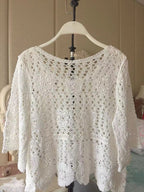 Women Summer Vacation Short Sleeve Solid Regular Crochet Top Crochet hook