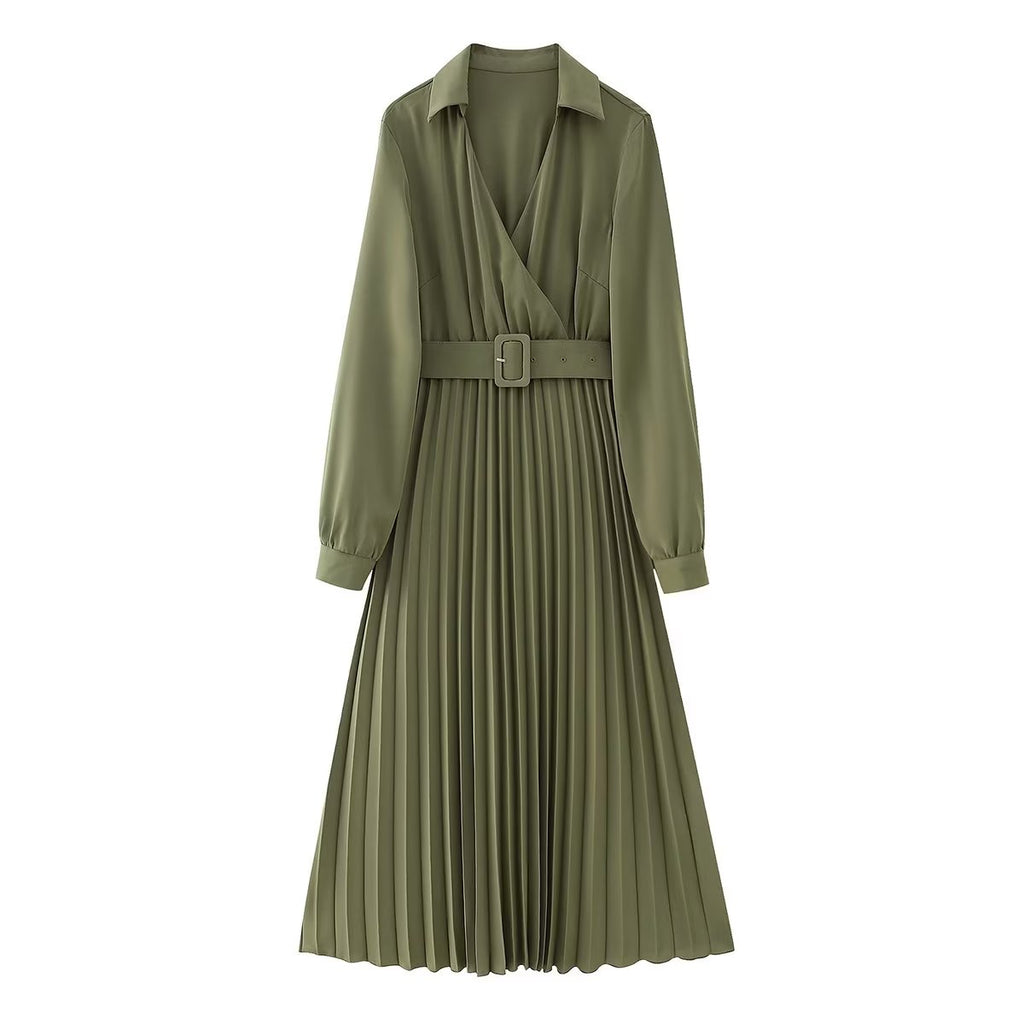 Winter V-Neck Belt Pleated Dress