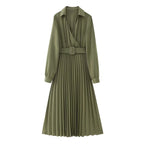 Winter V-Neck Belt Pleated Dress