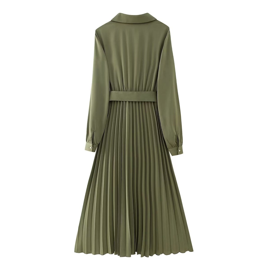Winter V-Neck Belt Pleated Dress