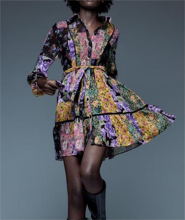 Printed Short Version with Belt Shirt Dress