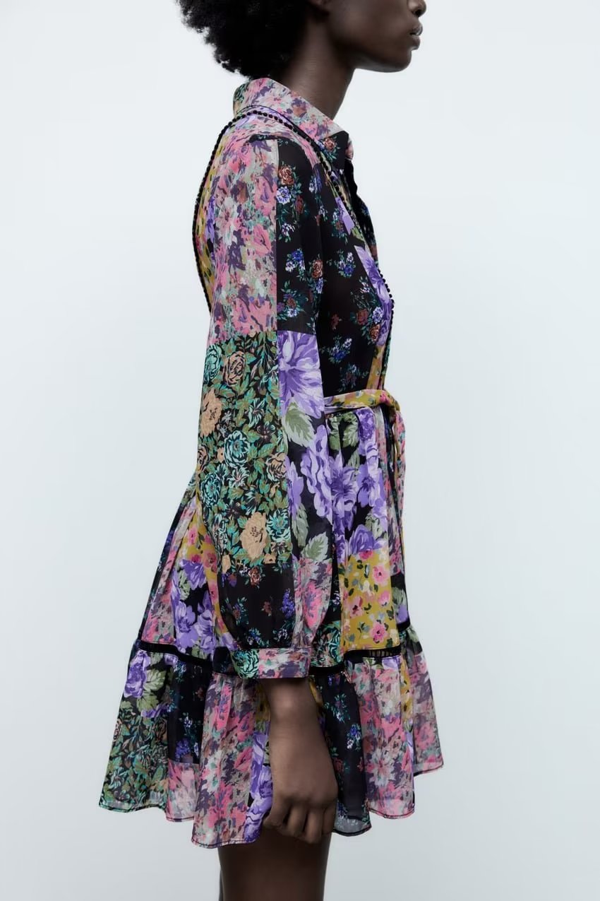 Printed Short Version with Belt Shirt Dress