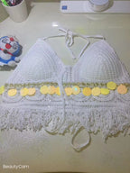 Women Summer Vacation Sleeveless Tie Crochet Crop Solid Top Crochet hook