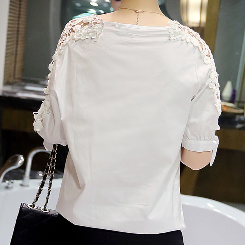 Women's Summer Off The Shoulder Shirt Plus Size Women Loose Korean Hollow Out Cutout Top Shirt Lace Bottoming Shirt