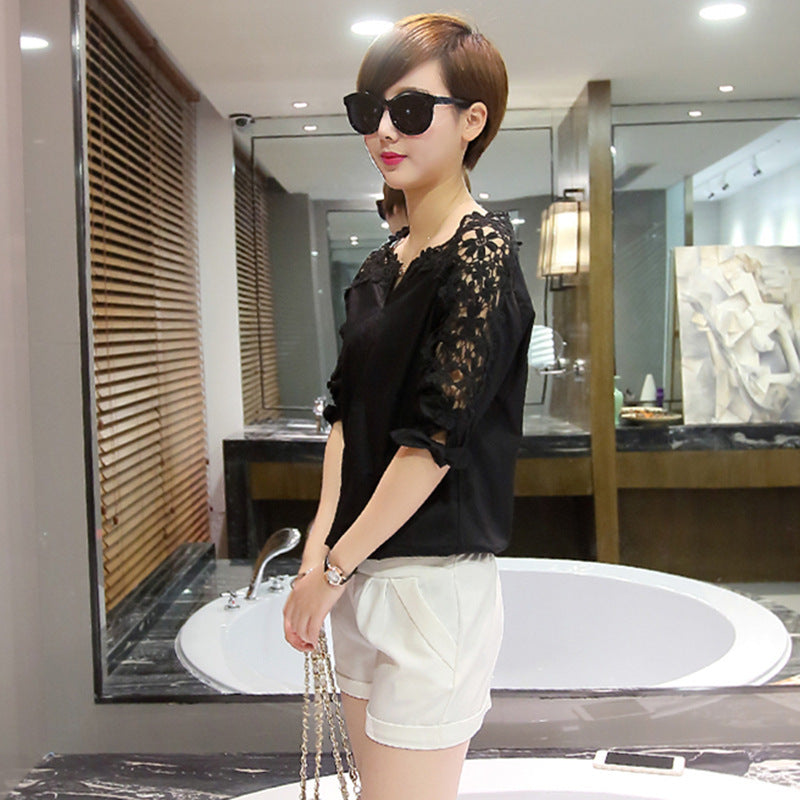 Women's Summer Off The Shoulder Shirt Plus Size Women Loose Korean Hollow Out Cutout Top Shirt Lace Bottoming Shirt