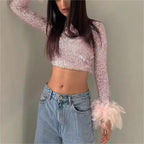 Women’s Pink Sequin Feather Trim Cropped Top