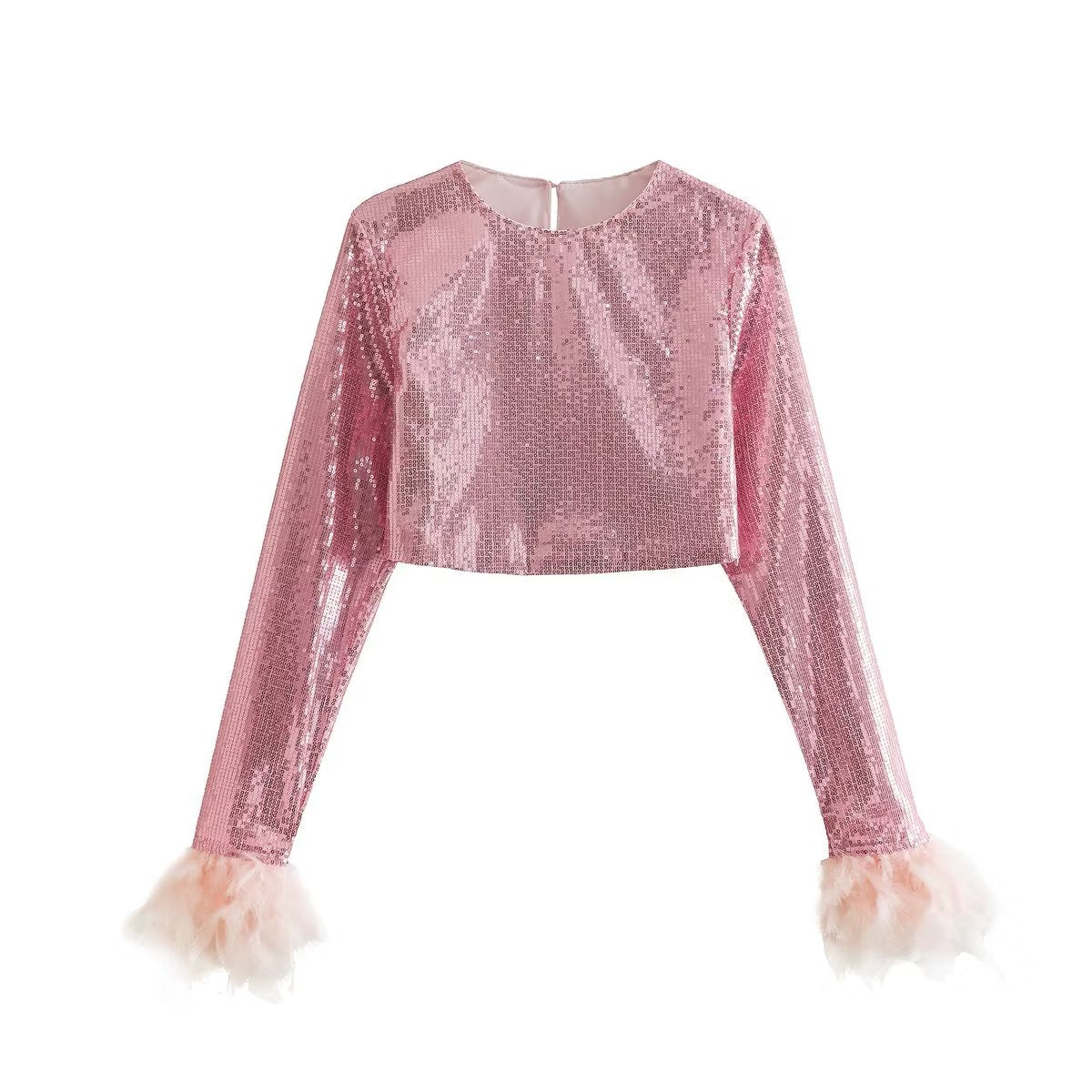 Women’s Pink Sequin Feather Trim Cropped Top