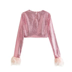 Women’s Pink Sequin Feather Trim Cropped Top