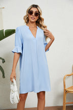 Summer Solid Color V-Neck Loose Pleated Half Length Sleeve Dress