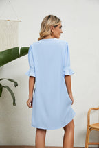 Summer Solid Color V-Neck Loose Pleated Half Length Sleeve Dress