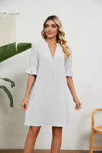 Summer Solid Color V-Neck Loose Pleated Half Length Sleeve Dress