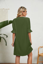 Summer Solid Color V-Neck Loose Pleated Half Length Sleeve Dress