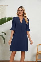 Summer Solid Color V-Neck Loose Pleated Half Length Sleeve Dress
