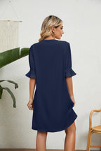 Summer Solid Color V-Neck Loose Pleated Half Length Sleeve Dress