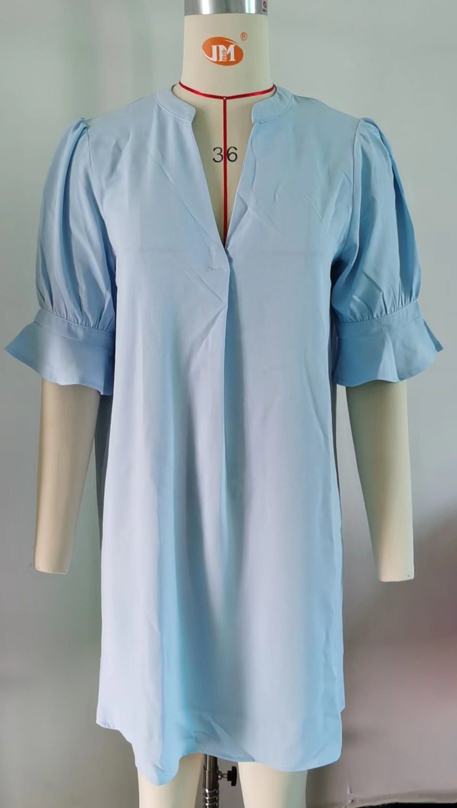 Summer Solid Color V-Neck Loose Pleated Half Length Sleeve Dress