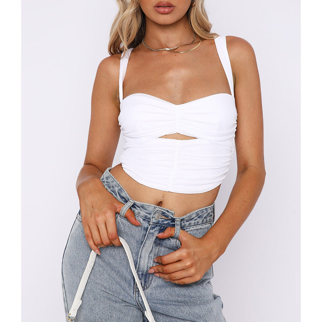 Pleated Hollow Out Cutout Slim Strap Top