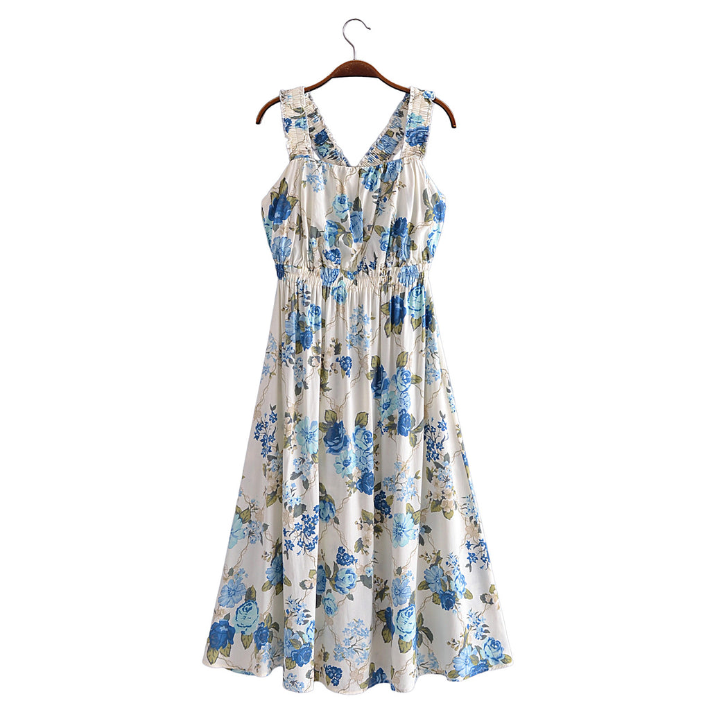 Vacation Summer Cross Backless Rayon Printing Slip Dress