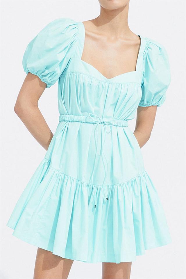 Fresh Belt Waist Dress Retro Puff Sleeve Flounced