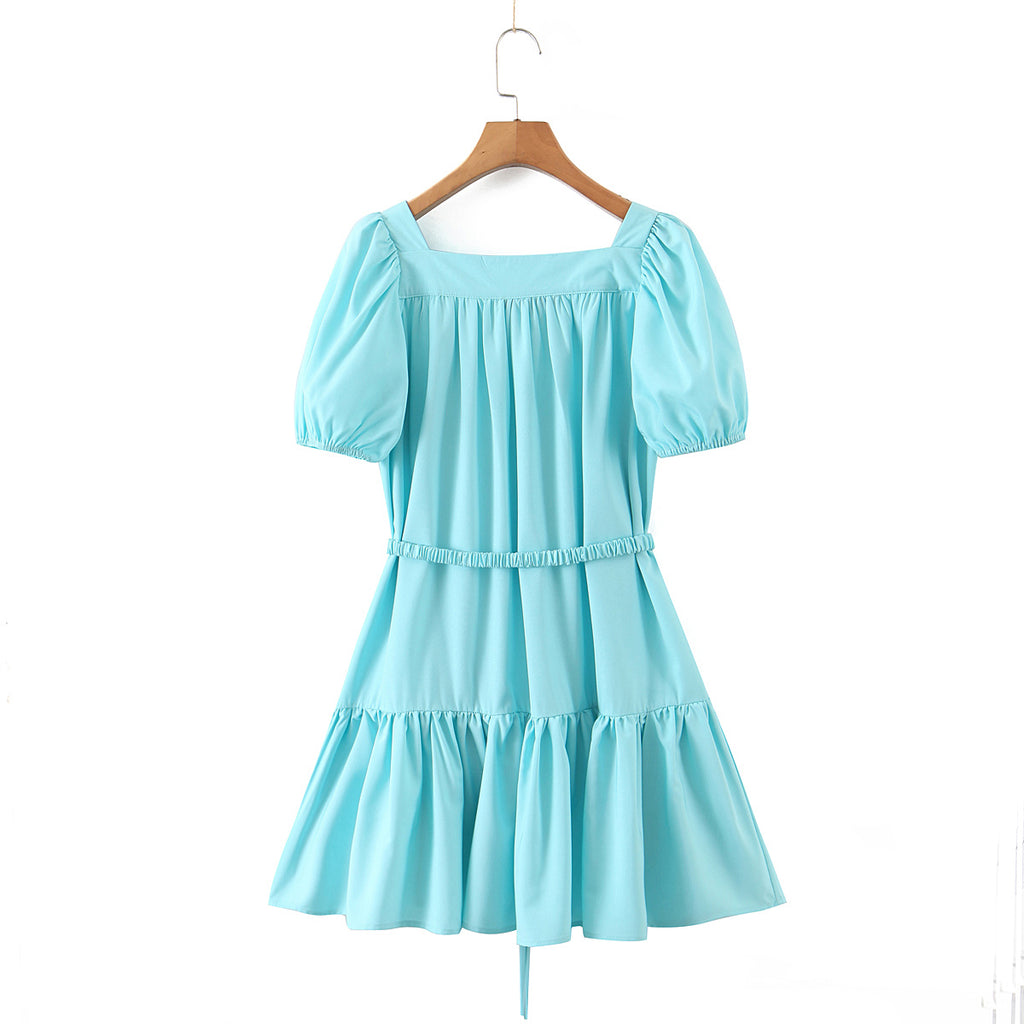 Fresh Belt Waist Dress Retro Puff Sleeve Flounced