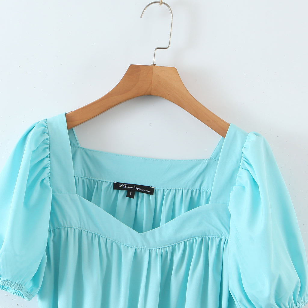 Fresh Belt Waist Dress Retro Puff Sleeve Flounced