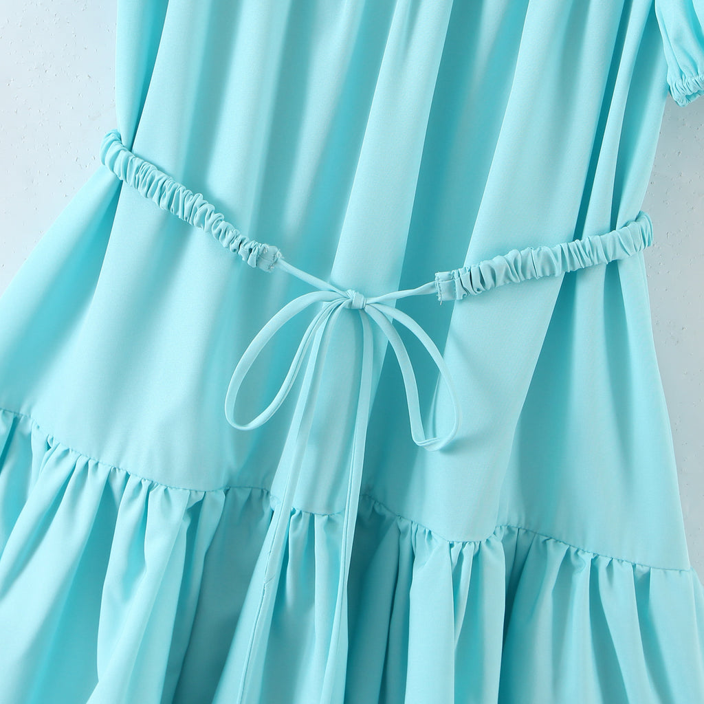 Fresh Belt Waist Dress Retro Puff Sleeve Flounced