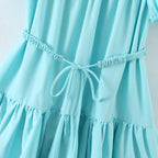 Fresh Belt Waist Dress Retro Puff Sleeve Flounced