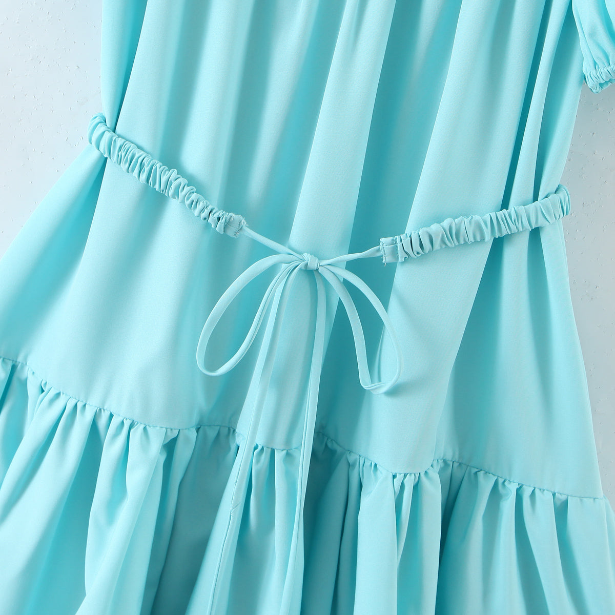 Fresh Belt Waist Dress Retro Puff Sleeve Flounced