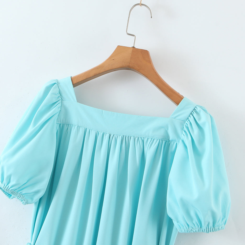 Fresh Belt Waist Dress Retro Puff Sleeve Flounced