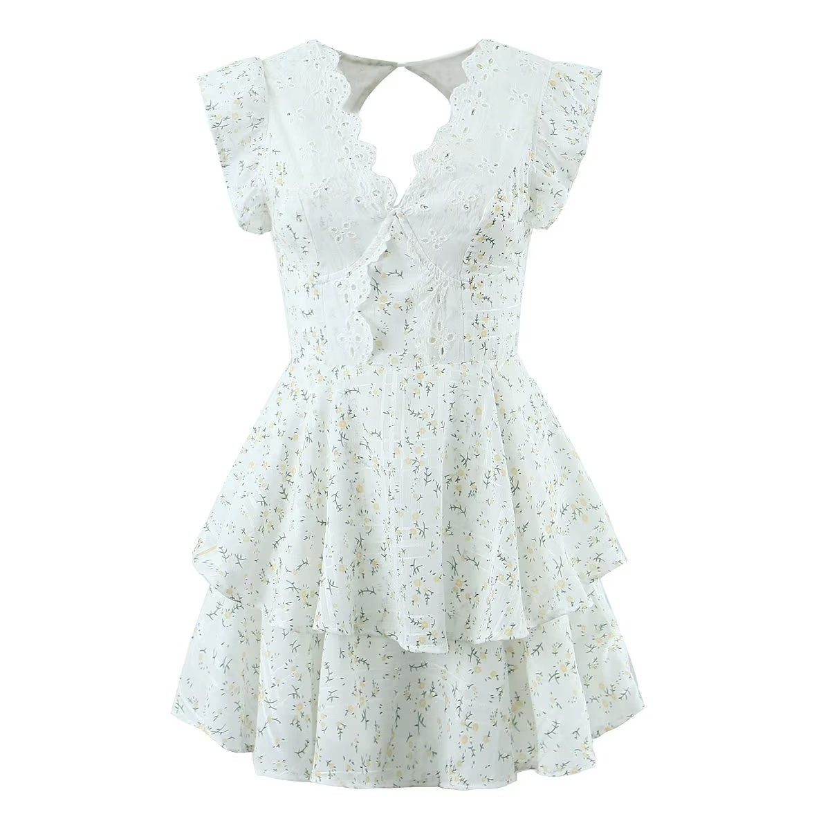 Ruffle-Sleeve Lace Embroidered Tiered Dress