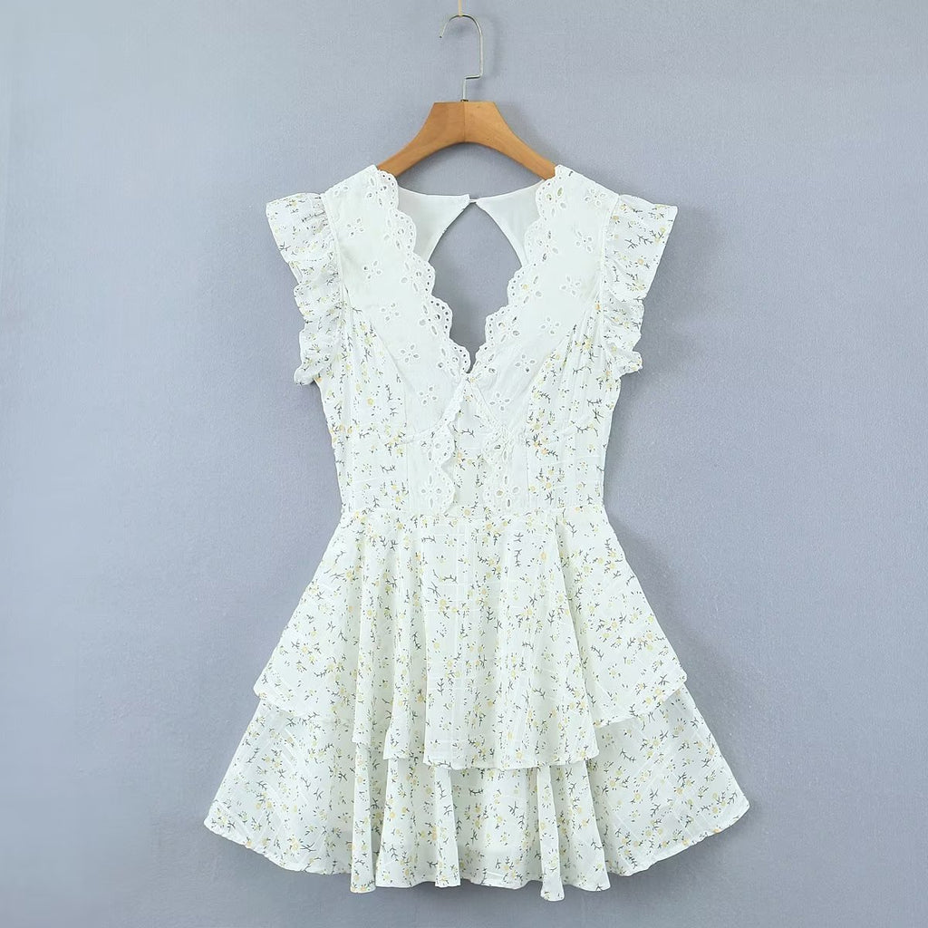 Ruffle-Sleeve Lace Embroidered Tiered Dress